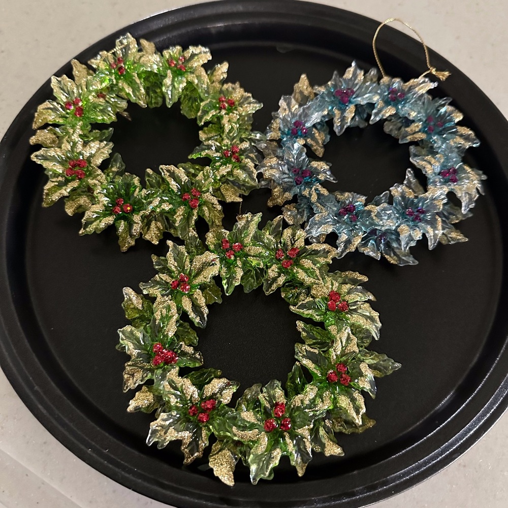 Christmas Ornaments Holiday Wreath Set of 3 Wreathes  Green & Blue Gold Glitter